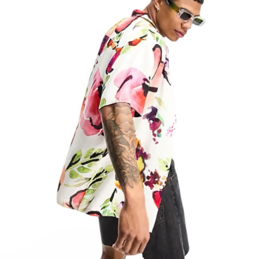 ASOS Bold Abstract Floral Print‎ Camp Shirt Men's Size 2XLT Long Tropical Resort